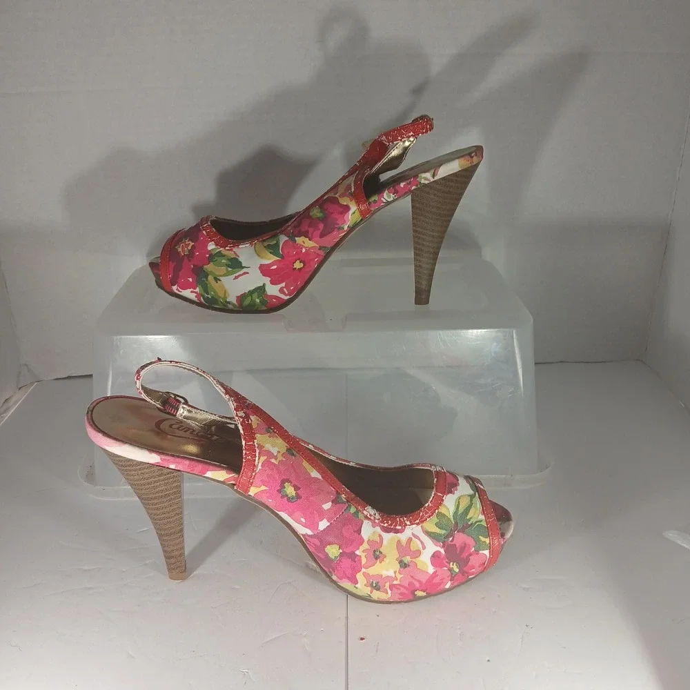 Candie's Dorado Slingback Heels 8.5 Pink‎ Floral Peep Toe Platform Pinup Retro